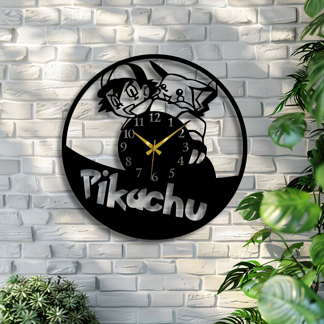 The visual rhythm of this Ash and Pikachu metal wall clock, a charming decoration wall art piece, stands out against the white brick.