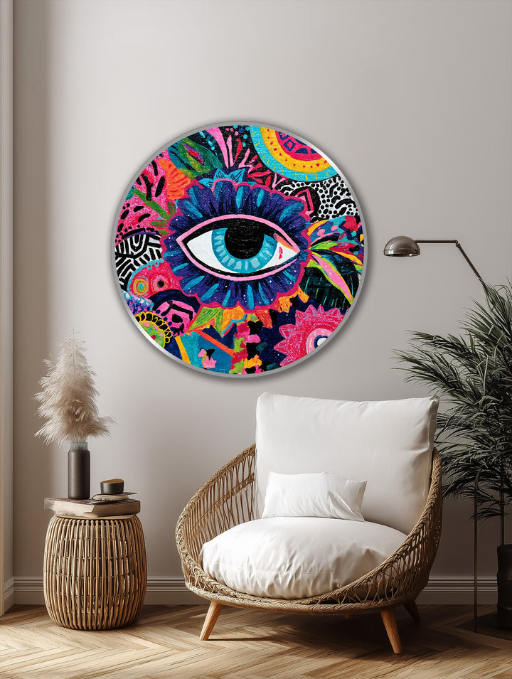 Warm color temperature radiates from this abstract round oil painting, featuring a vivid mystic eye and vibrant patterns perfect for showcasing oil painting art prints.