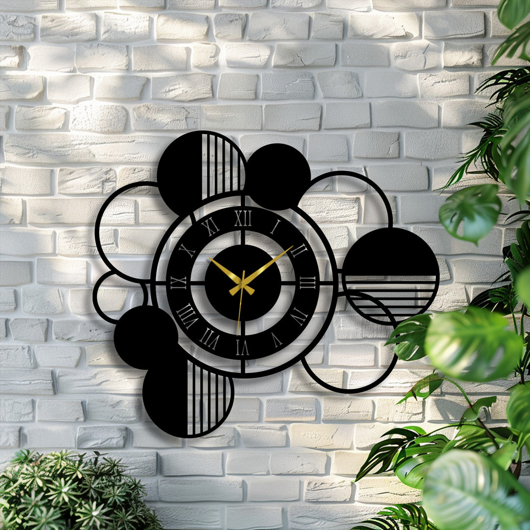 A modern abstract circle metal wall clock, featuring geometric designs and Roman numerals, serves as the focal point for distinctive metal wall decor.