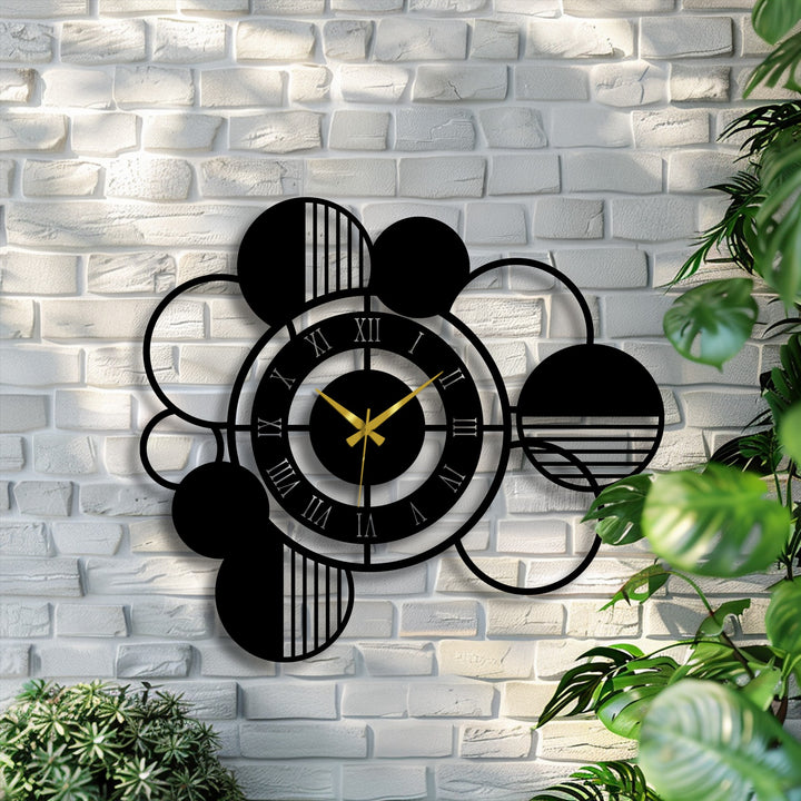 A modern abstract circle metal wall clock, featuring geometric designs and Roman numerals, serves as the focal point for distinctive metal wall decor.