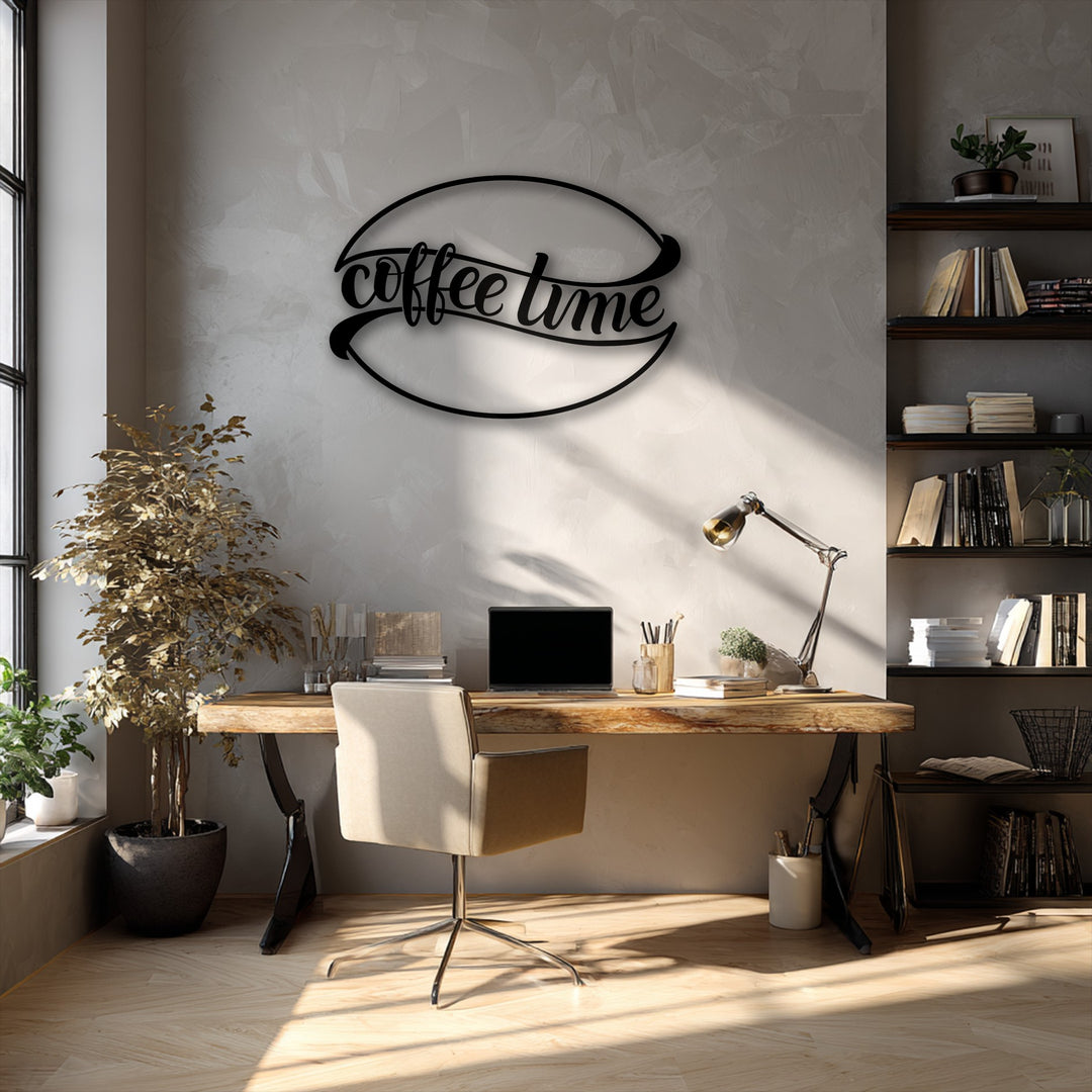 Horizontally oriented metal art for wall in a sleek coffee bean shape spells 'coffee time' perfect for kitchen or cafe decor.