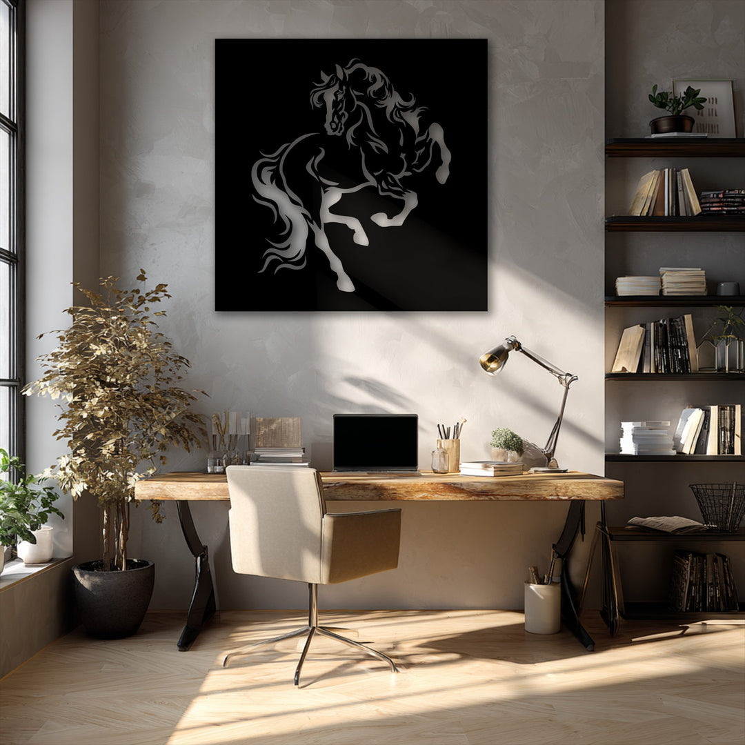 The striking layering effect is visible in the rearing horse silhouette metal wall decor, presenting a powerful form against a deep background.