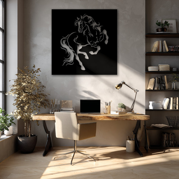 The striking layering effect is visible in the rearing horse silhouette metal wall decor, presenting a powerful form against a deep background.