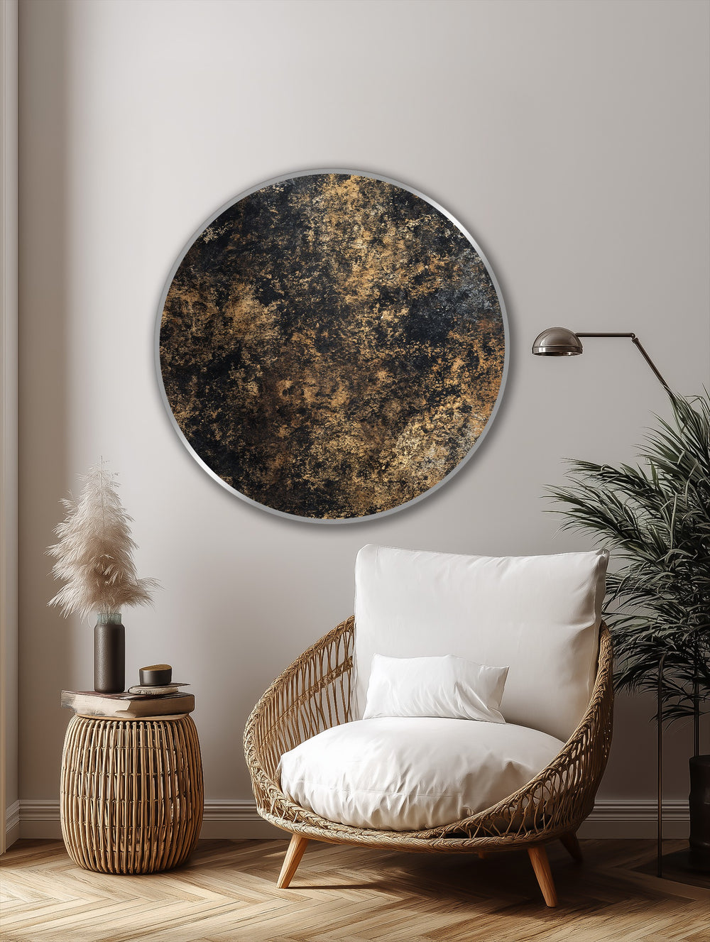 Shadows accentuate the textured surface of the golden patina round, showcasing the interplay of light and shadow in this oil painting home decor.