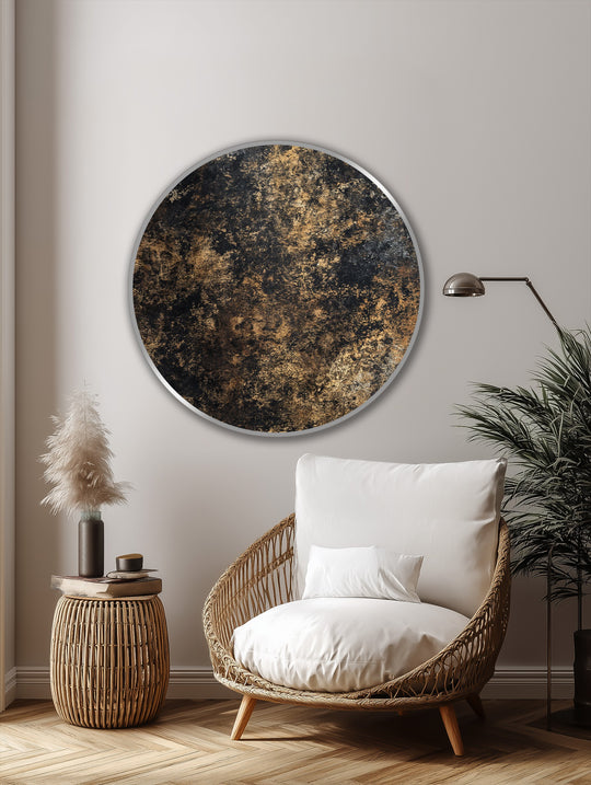 Shadows accentuate the textured surface of the golden patina round, showcasing the interplay of light and shadow in this oil painting home decor.