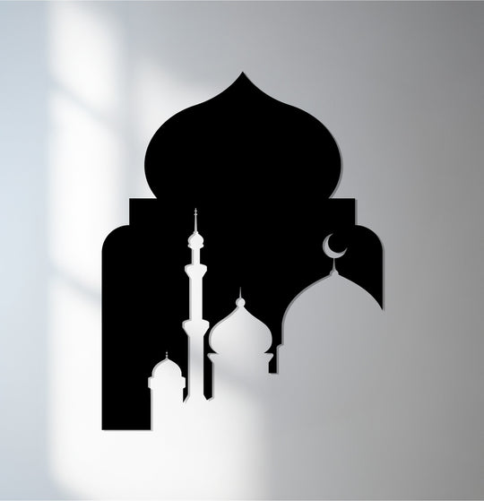 Matte black finish accentuates the minimal Islamic silhouette of this sacred mosque arch decoration wall art, with a crescent moon and minaret design.