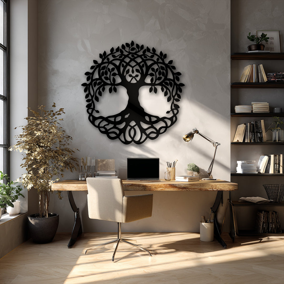 The prominent black Celtic Tree of Life serves as a striking, unique metal wall art focal point in this contemporary home office setting.