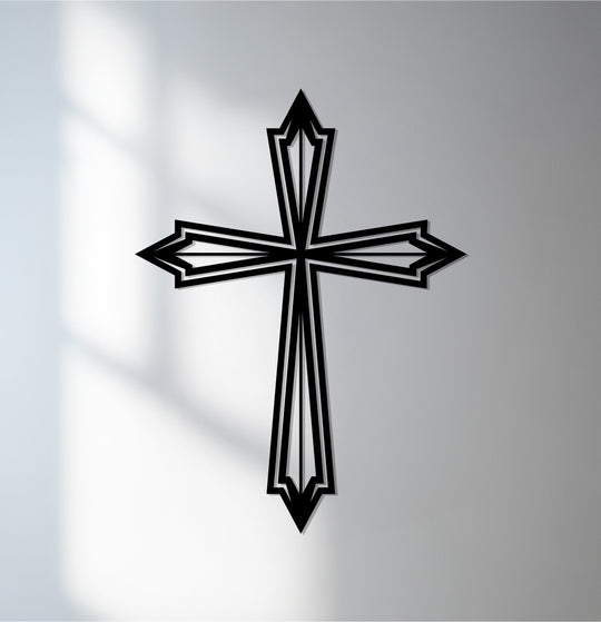 The realistic detail shows layered construction in this radiant faith decoration wall art piece, presenting a modern, silver cross with subtle shadows.