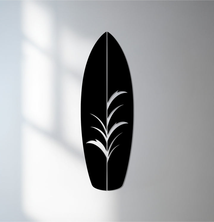 Surfboard metal wall art with tropical leaf cutout
