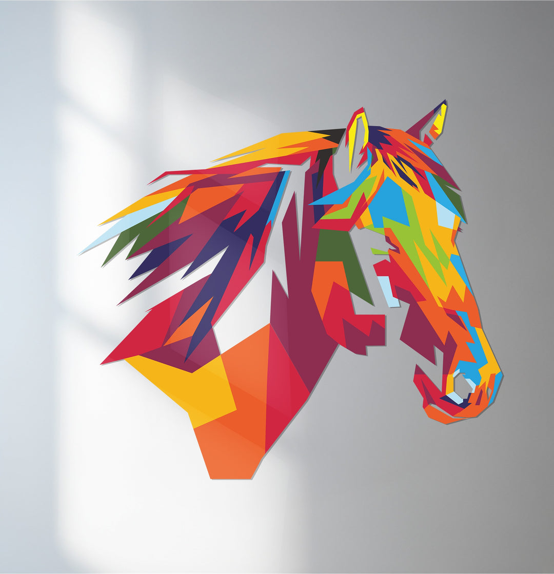 Colorful horse metal wall art with abstract geometric design for modern homes