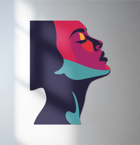 Smooth surface texture defines this modern metal wall art, a colorful abstract woman silhouette that exemplifies decorative metal art with its unique style.