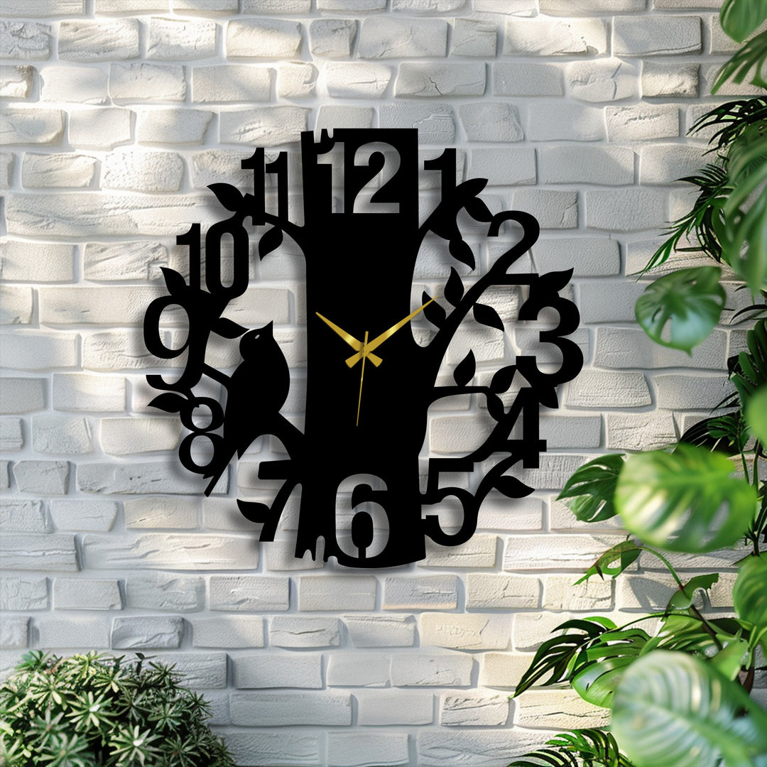 Textured brick provides a rustic surface texture for this laser-cut metal clock depicting a tree with a perched bird, a stunning piece of decoration wall art.