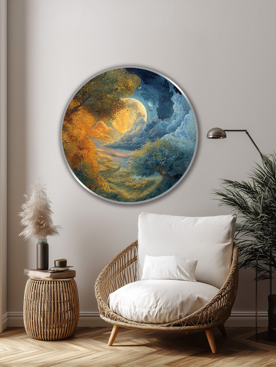 Contrasting light and shadow accentuate the dreamlike texture in this round Moonlit Harmony oil painting art prints, depicting a radiant full moon between vivid golden and blue trees.