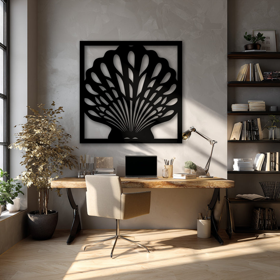 A calm, elegant ambiance is set by this beautiful seashell decorative metal art, creating a serene and productive home office mood.