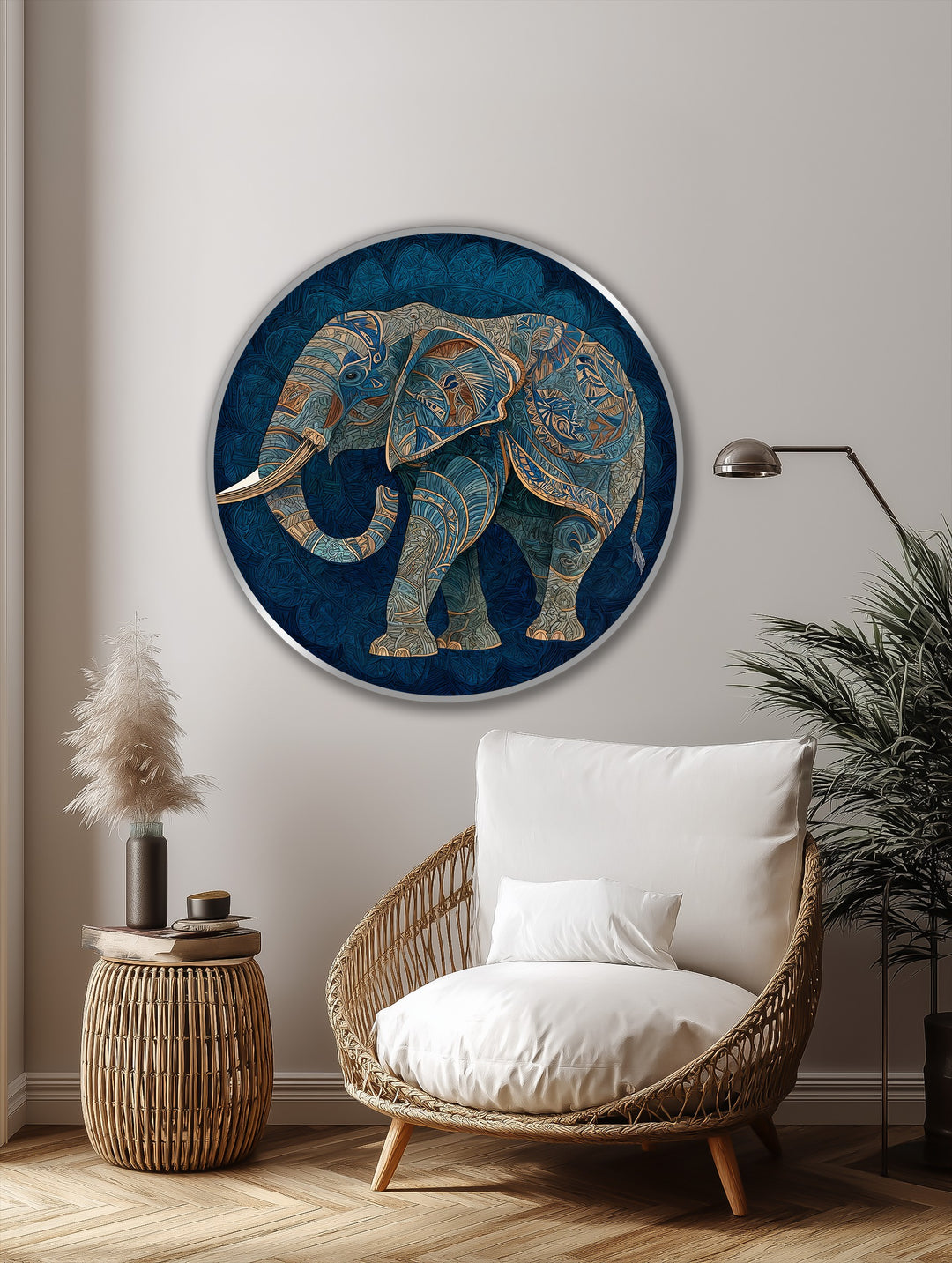 Azure Spirit – Silueta de elefante decorativa redonda Cuadro al óleo
