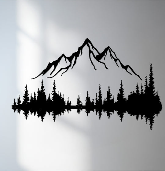 Black silhouette dominates this rustic mountain landscape metal art for wall, depicting a forest reflection design.