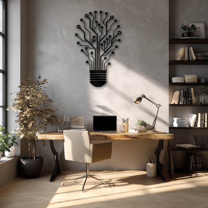 Abstractly designed, this Tech Tree Lightbulb decorative metal art reimagines ideas with circuit branches on a textured wall.