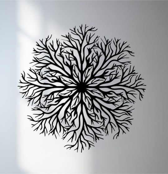 Horizontally oriented, circular Tree of Life mandala decorative metal art featuring an intricate pattern of branching tree limbs.