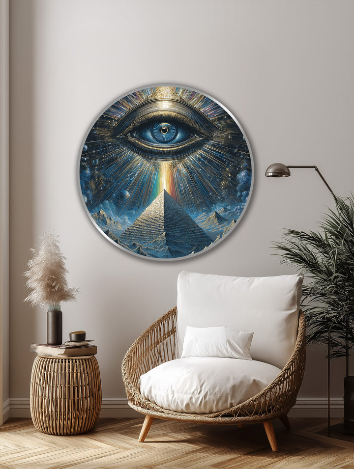 Vibrant pyramid radiating celestial energy from a watchful eye is the loudest element in this dramatic oil painting art piece, infusing cosmic allure with rich gold and deep blue tones.