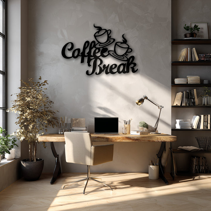 The darkest area, a shadowy bookshelf filled with books, offers a contrast to the wall displaying the Coffee Break decorative metal art.