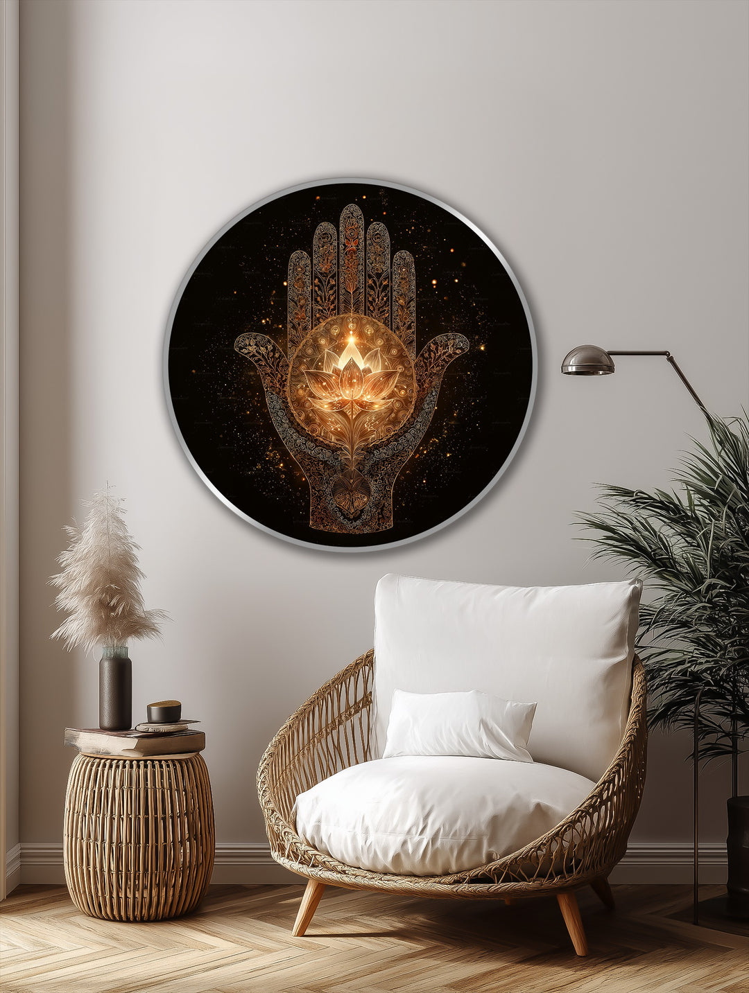 Sacred Illumination – Golden Hamsa Lotus Round Oil Painting