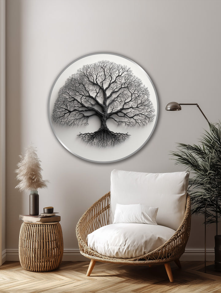 Branching out in dynamic detail, the minimalist monochrome tree silhouette round oil painting artwork has swirling energy like branches blowing in the wind.