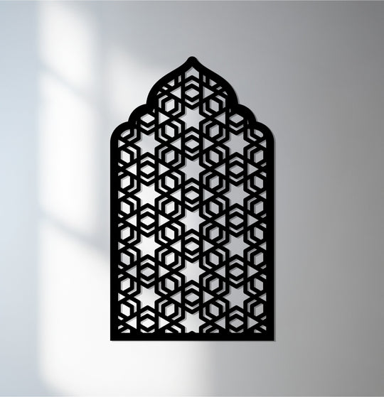 Elaborate borders define the Islamic geometric design, showcasing the Sacred Star Lattice Arch as exceptional metal art for wall, crafted with a precise, elegant edge.