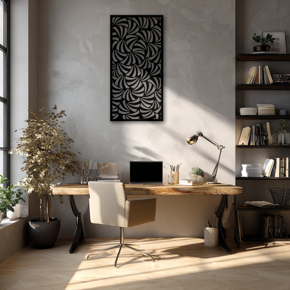 This durable, precisely crafted metal art for wall features a sleek black abstract spiral geometric pattern, showcasing superior material quality.