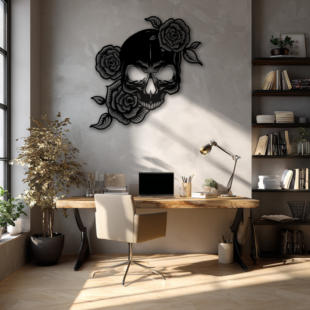 The subtle, textured light gray background beautifully contrasts with the intricate floral skull metal art for wall.