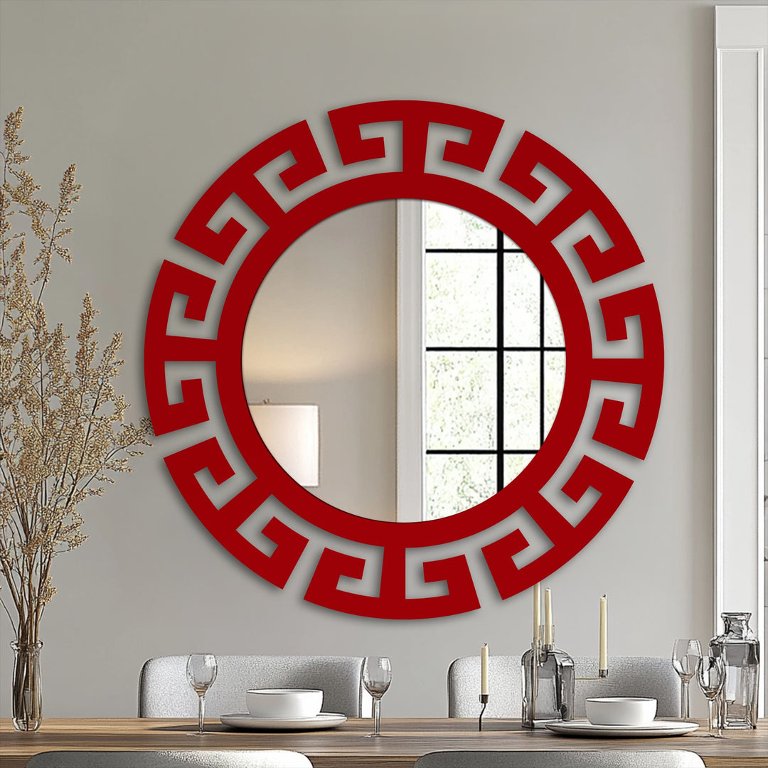 Featuring organic forms, the segmented Greek key round floor mirror enhances your home decoration with its modern black metal frame statement design.