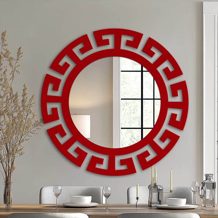 Featuring organic forms, the segmented Greek key round floor mirror enhances your home decoration with its modern black metal frame statement design.