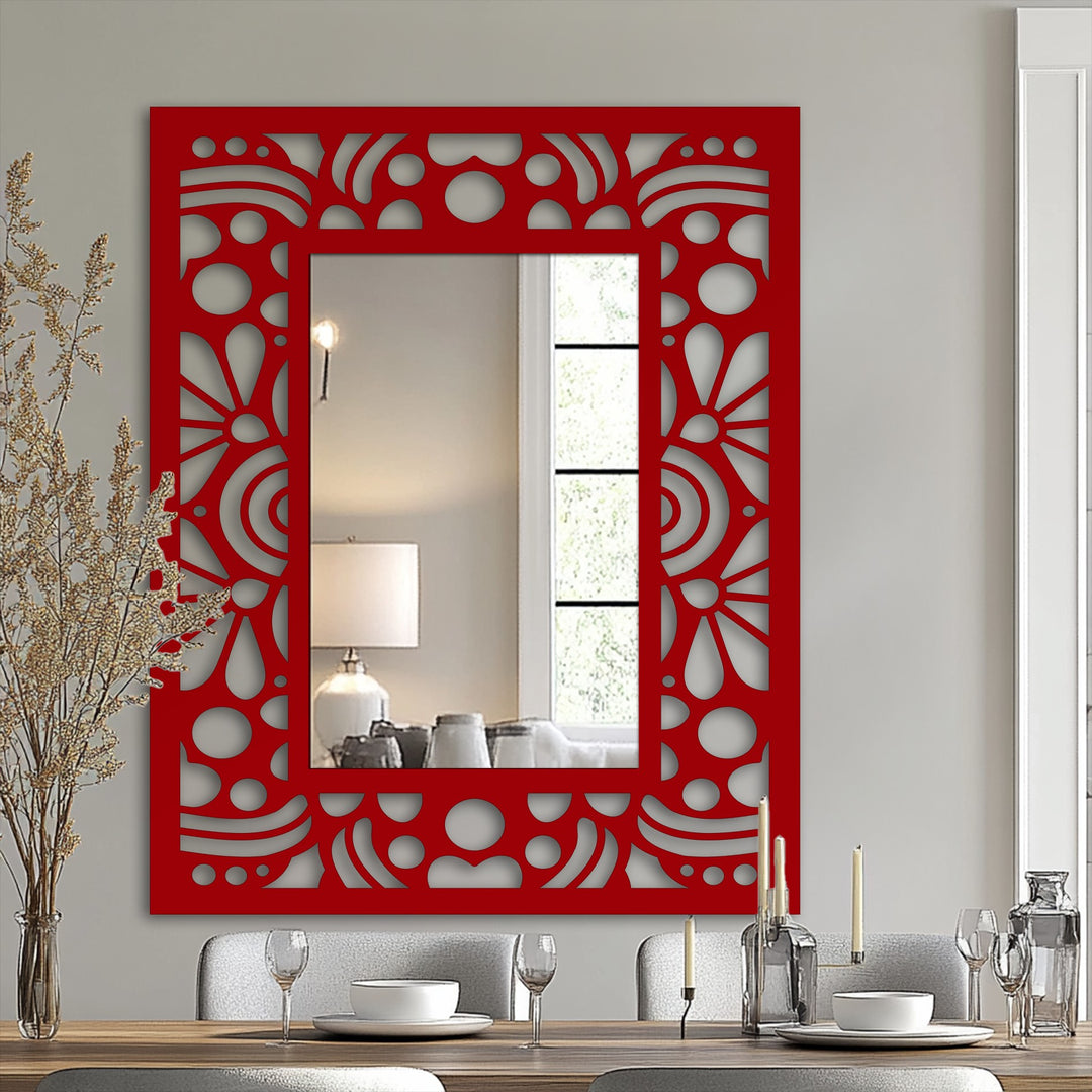 Finished in a vibrant red, this Art Deco floral frame rectangular bathroom mirror showcases retro geometric metal artwork for a stylish touch.