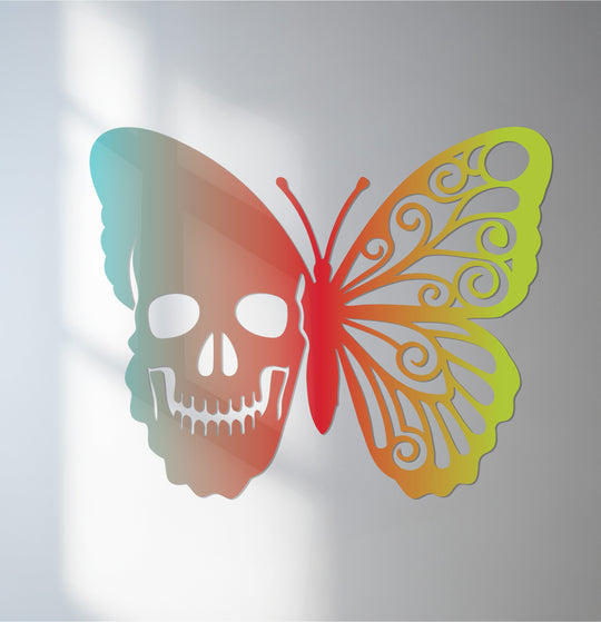 Eerie yet beautiful, the colorful ethereal duality skull butterfly decorative metal art embodies a captivating mood through its symbolic design.