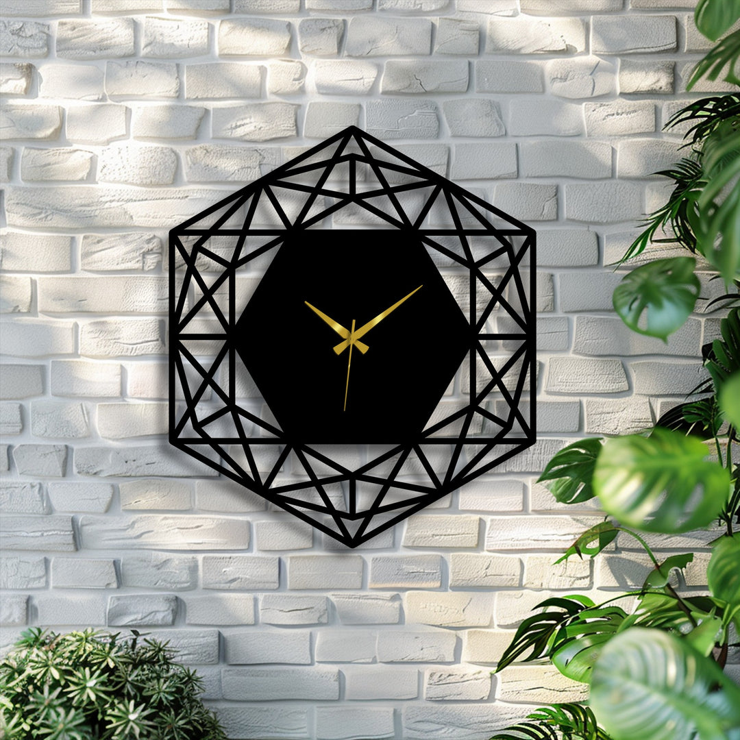 Highlighting strong color contrast, the intricate black geometric hexagon metal wall decor sharply stands out against the bright white brick wall.