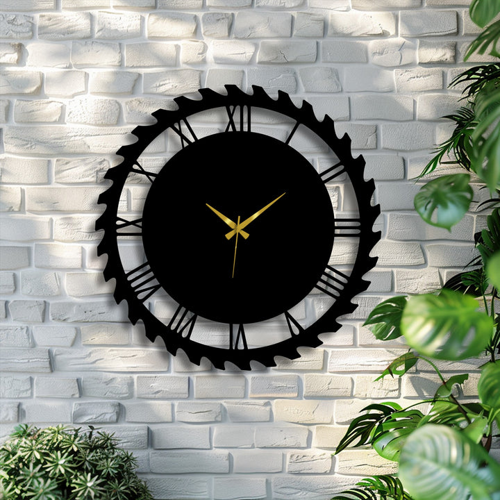 The darkest area reveals a striking industrial gear style unique metal wall art clock with Roman numerals and elegant golden hands.