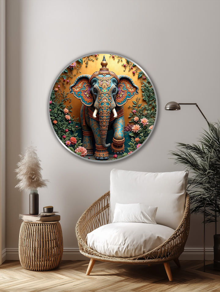 Golden hues dominate this sacred garden majesty floral Ganesha round oil painting, offering an exquisite example of oil painting decoration with vibrant color.