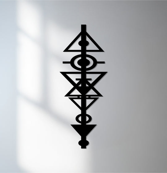 Bold geometric design of the loudest element, a striking and unique metal art for wall, forms an abstract tribal symbol in this modern décor.