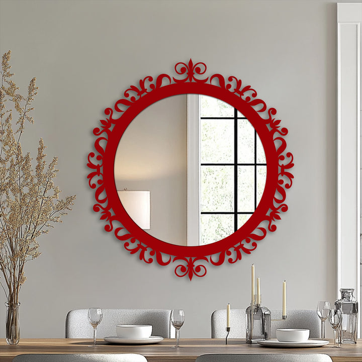 The realistic detail showcases a round ornamental baroque mirror, revealing a stunning reflection and a frame that exemplifies modern wall mirrors.