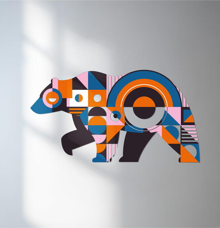 Geometric bear metal wall art in colorful modern design