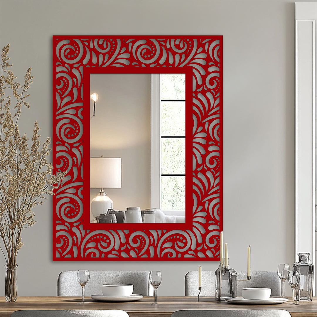 Layers of depth are created by the ornate floral scroll pattern in this mirror for wall decor, enhancing the reflected scene within the rectangular floor mirror.