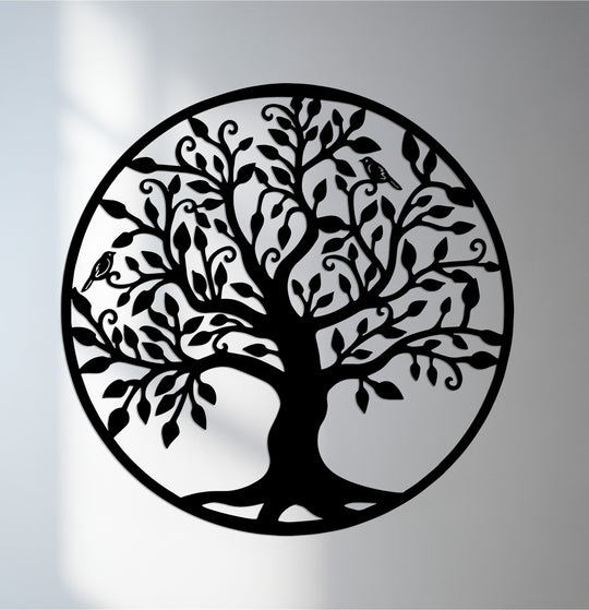 The focal point highlights the intricate branches and silhouette birds in this decorative tree of life circle metal artwork, a nature-inspired piece.