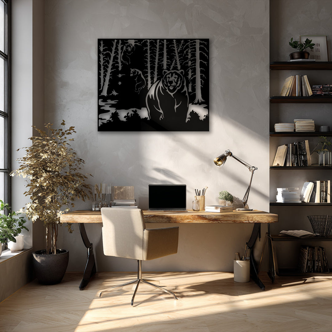 The background features a textured gray wall, a sunlit window, and a dark wooden bookshelf, framing the unique metal wall art.