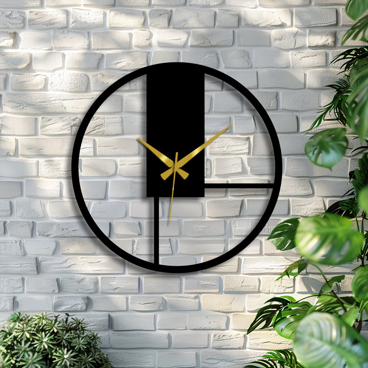 The textured brick backdrop enhances the realistic detail of this minimal geometric panel decorative metal art wall clock, highlighting its black metal frame and gold hands.