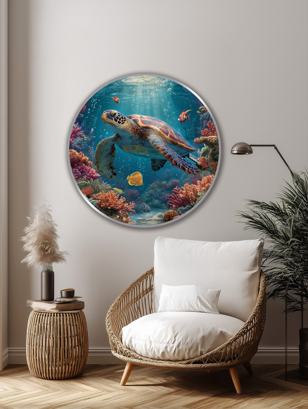 Featuring a glossy finish, this round oil painting showcases modern oil painting art of a graceful sea turtle swimming amongst vibrant coral reefs.