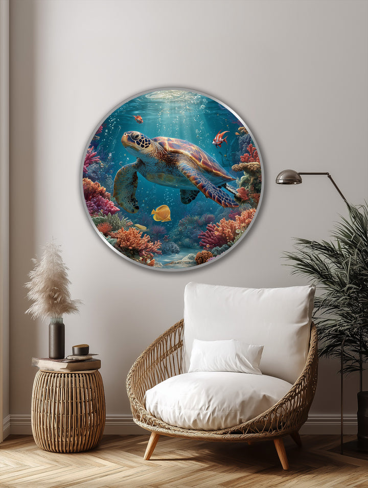 Featuring a glossy finish, this round oil painting showcases modern oil painting art of a graceful sea turtle swimming amongst vibrant coral reefs.