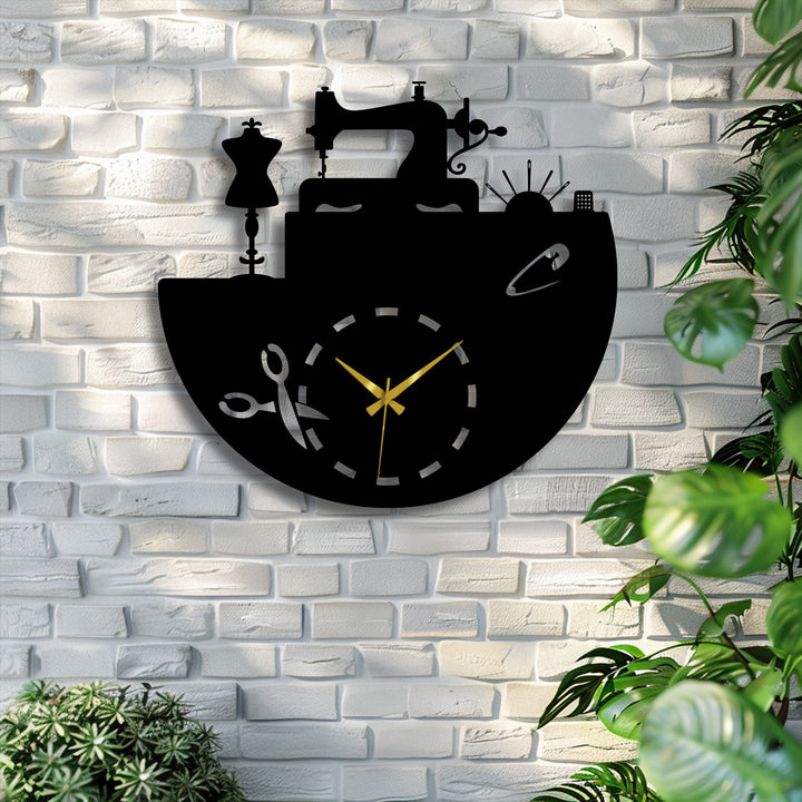 Detailed surface textures of rustic white brick emphasize the smooth, dark silhouette of the sewing atelier decorative metal art clock.