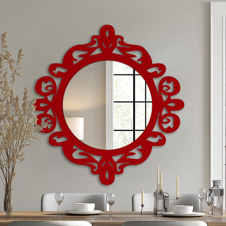 Vibrant red decoration wall art highlights the ornate finish of this royal crest round mirror, adding a bold and elegant touch to any space.