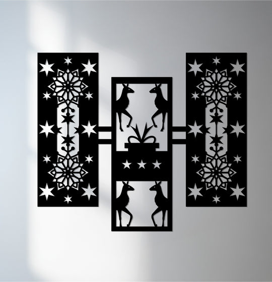 Negative space creates geometric reindeer and snowflake patterns in this Christmas-themed metal wall decor art, forming a unique three-panel metal wall decor.