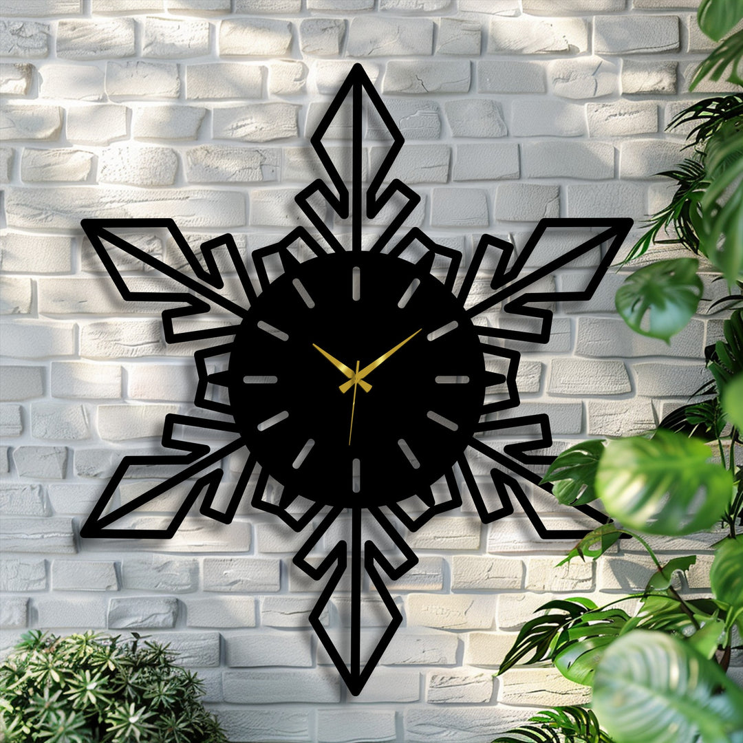 White brick background highlights the intricate snowflake geometric decoration wall art clock, casting gentle shadows on the textured surface.