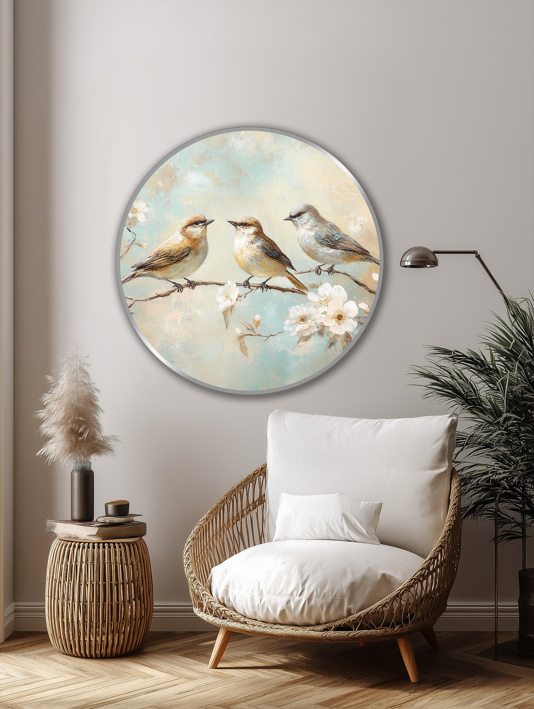 Delicate strokes capture the fleeting grace as three songbirds perch amidst whispering blossoms, bringing a sense of life to this oil painting reproduction print.